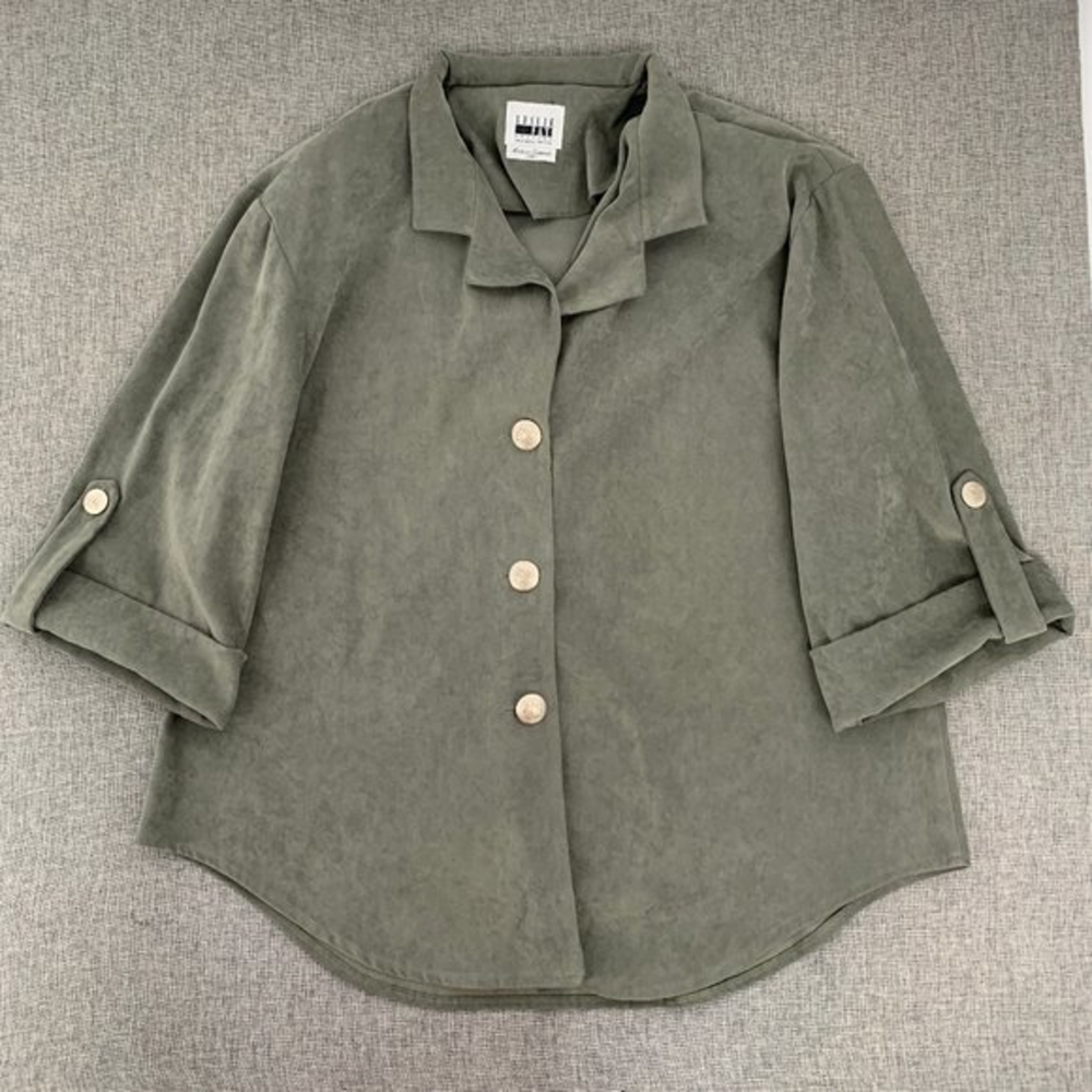 Vintage Leslie Fay Suede Button Down Blouse Green Sz 16WP Collared 3/4th Sleeves